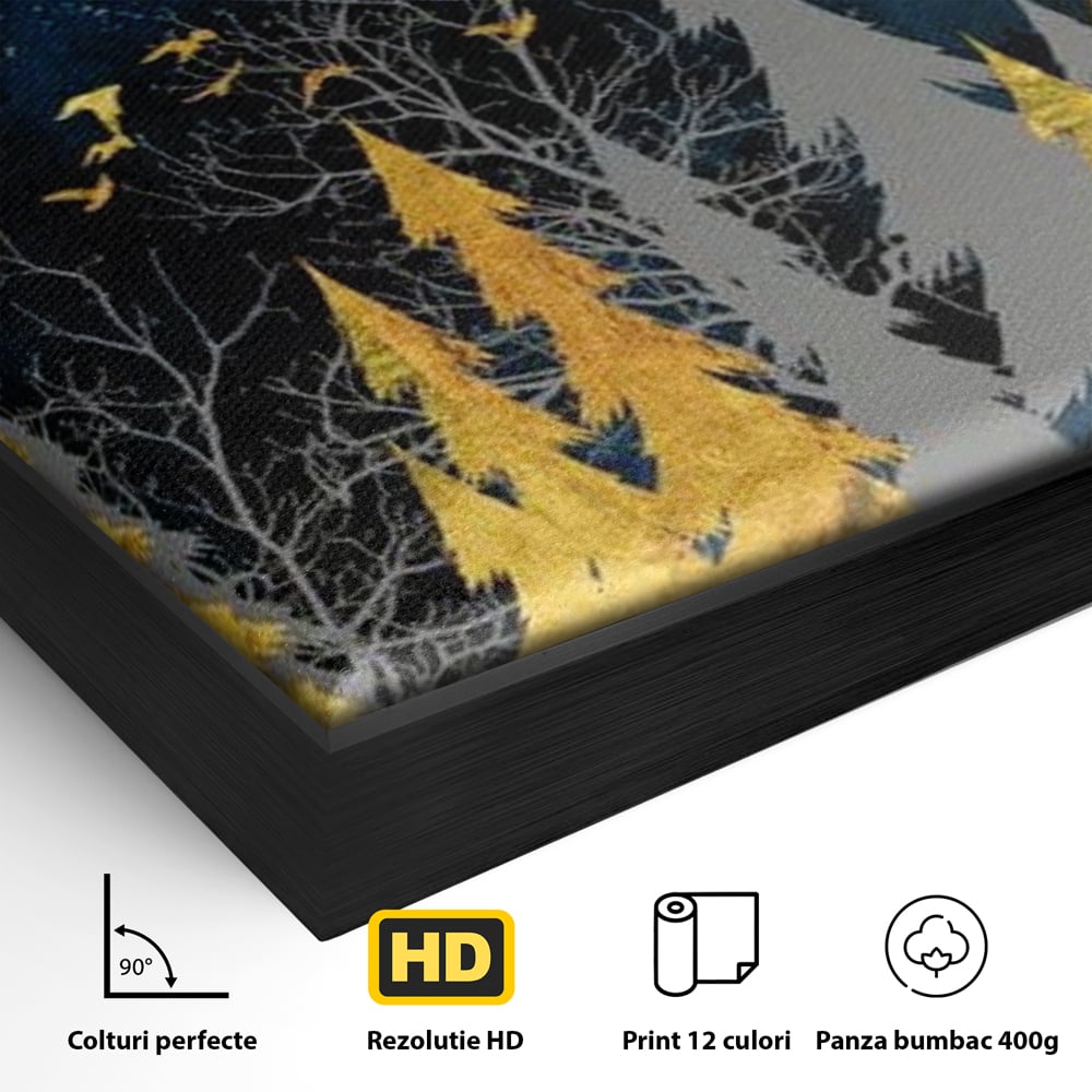 Detaliu al suprafetei: tablou canvas cu padure aurie noaptea, in rama de aluminiu negru